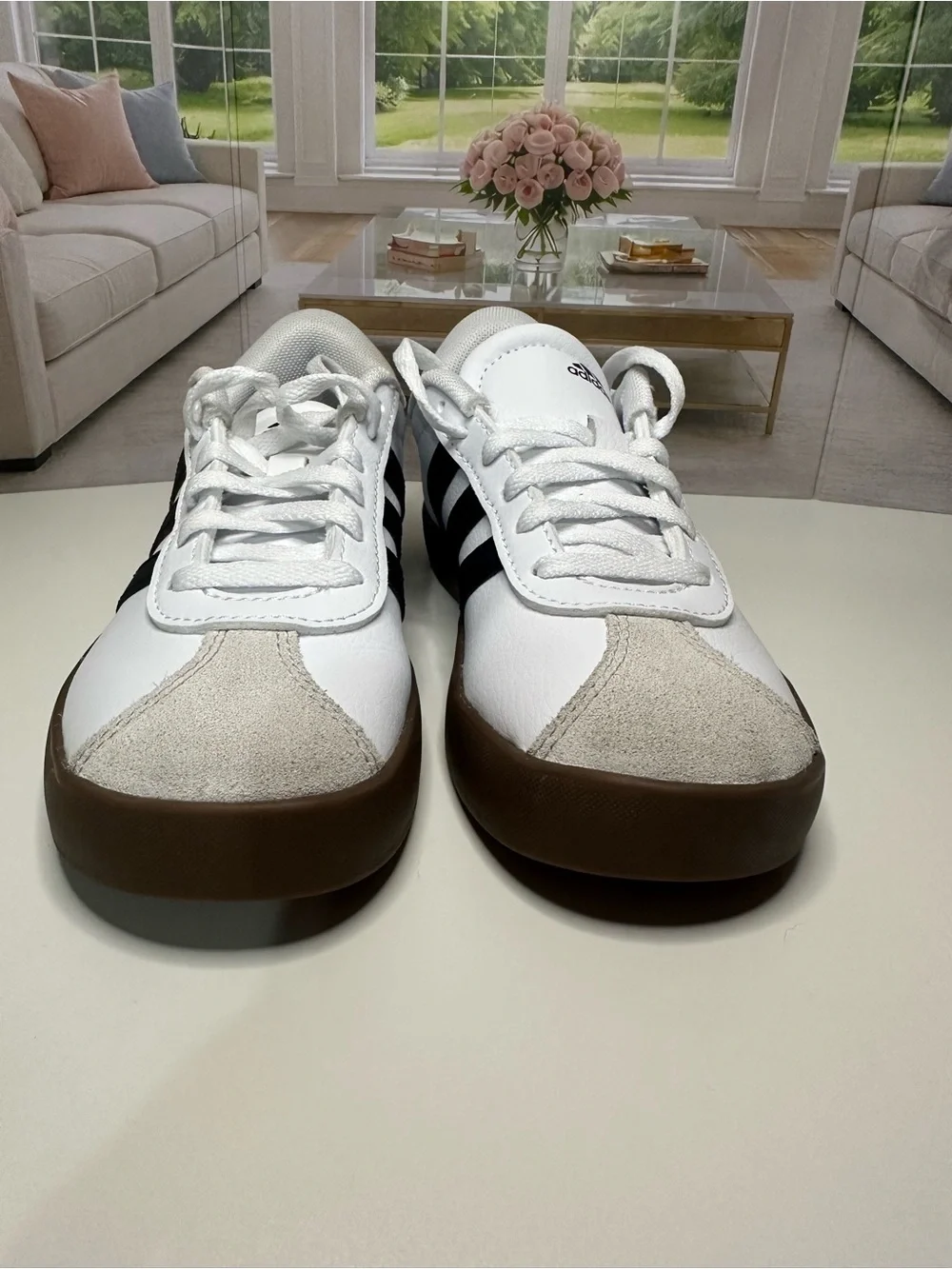 adidas White Sneakers with Black Stripes and Brown Sole